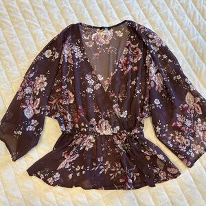 Soprano Floral Sheer Wrap Top - Brown and Pink